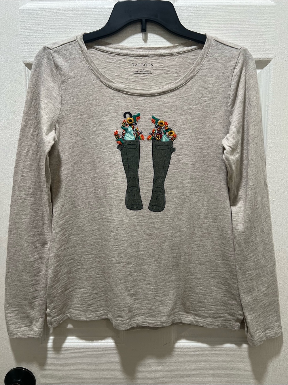 Talbots Light Gray Slub Knit Embroidered Rain Boot Top - Size XS 100% Cotton